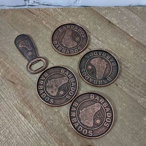 Metal coaster set, copper color vacation souvenir coaster, Barbados coasters
